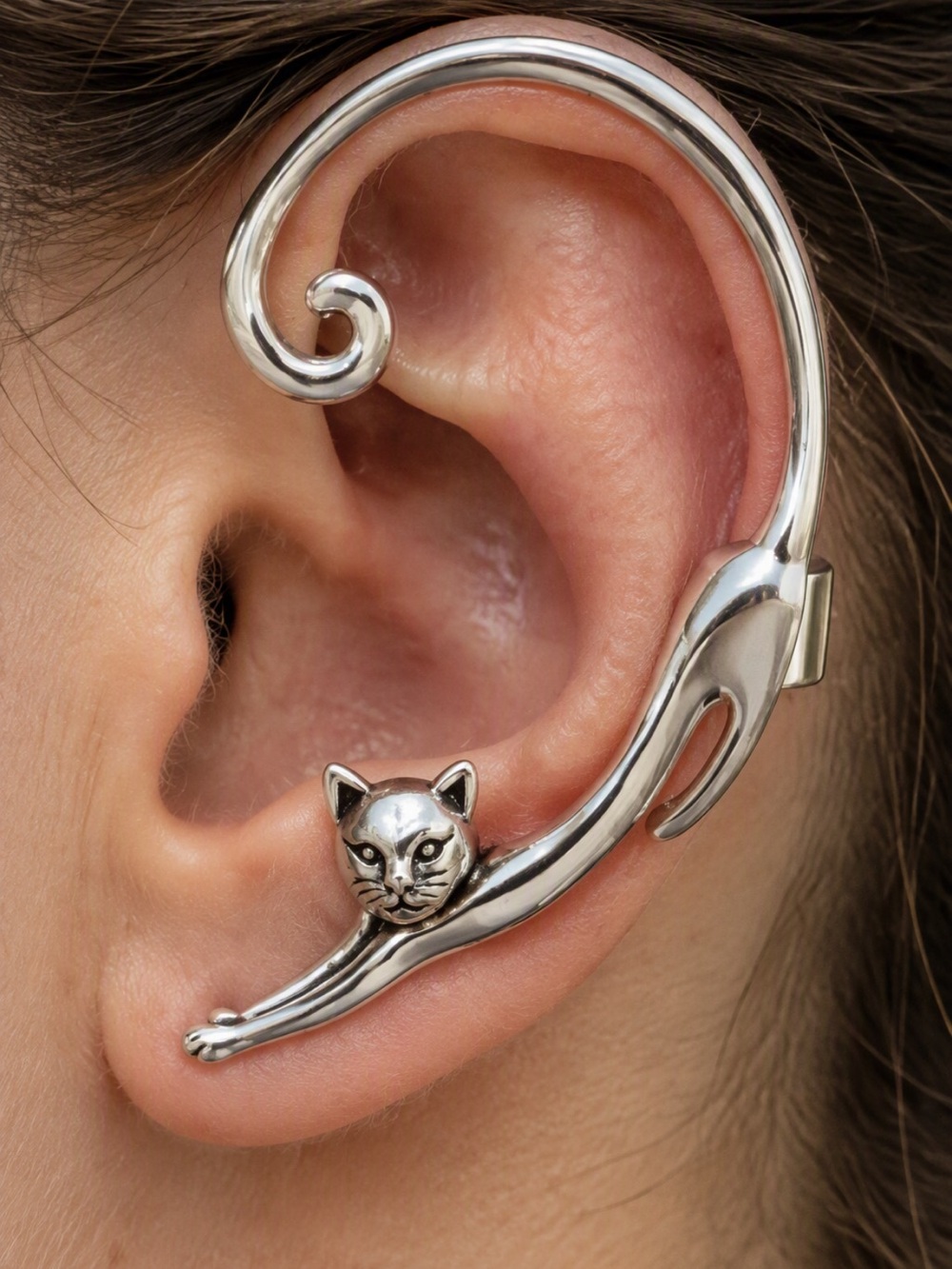Silver Cat Ear Cuff Earring Y2K Gothic Cartilage Wrap Pierced Lobe
C4